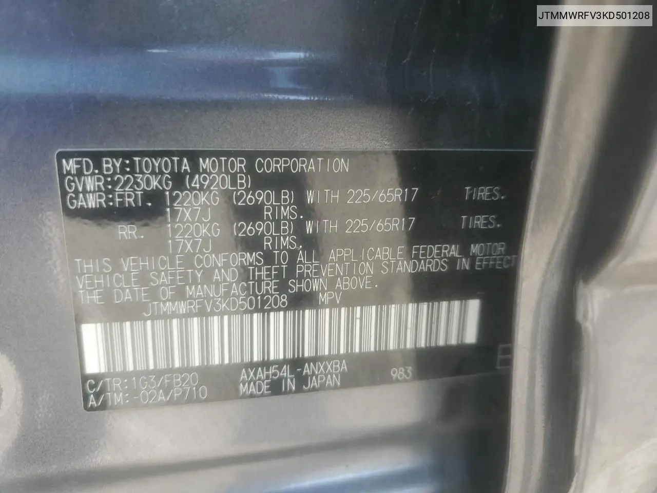 JTMMWRFV3KD501208 2019 Toyota Rav4 Le