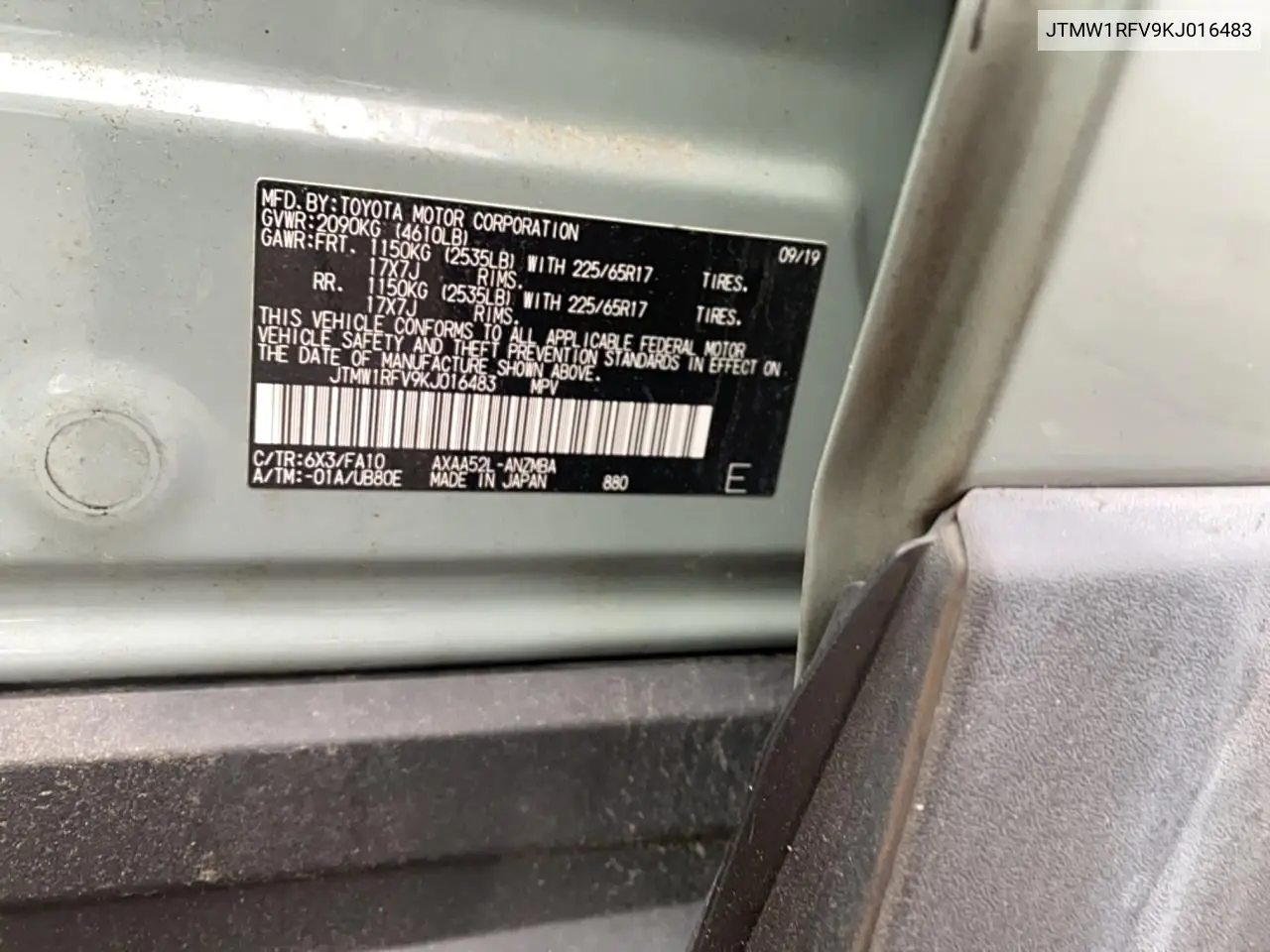 JTMW1RFV9KJ016483 2019 Toyota Rav4 Xle