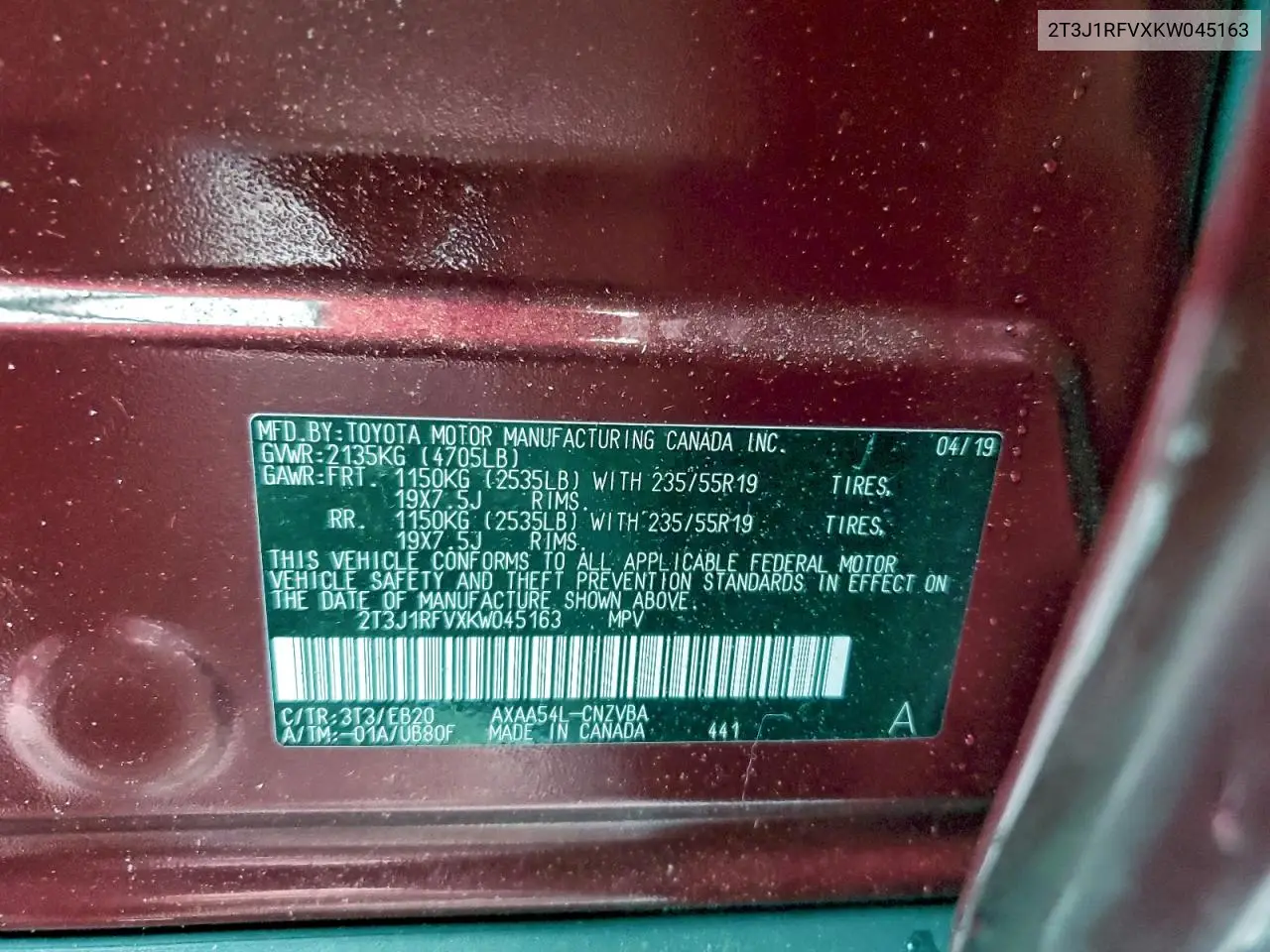 2T3J1RFVXKW045163 2019 Toyota Rav4 Adventure