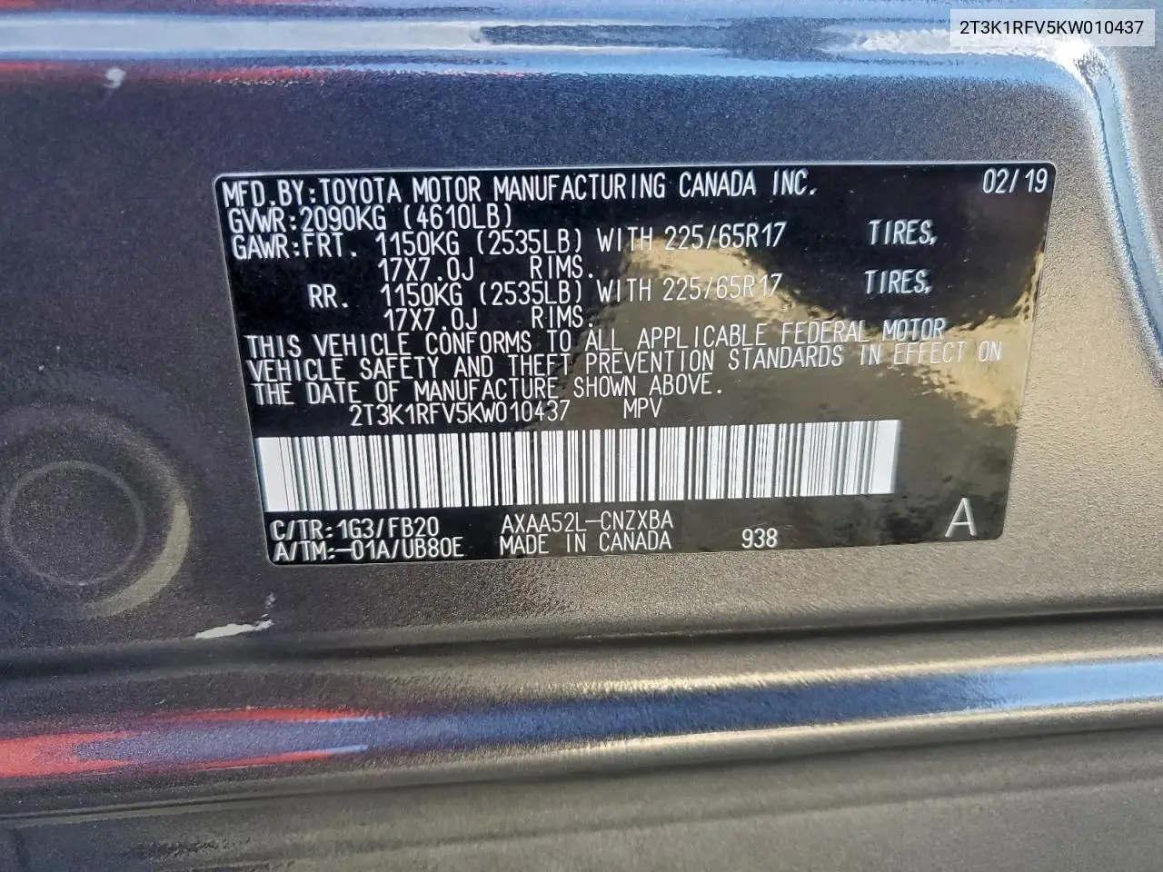 2T3K1RFV5KW010437 2019 Toyota Rav4 Le