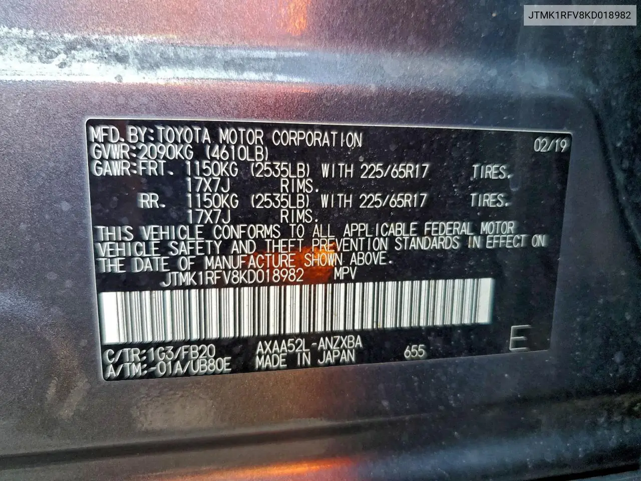 JTMK1RFV8KD018982 2019 Toyota Rav4 Le