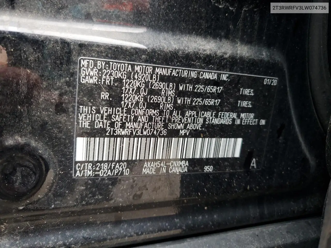 2T3RWRFV3LW074736 2020 Toyota Rav4 Xle