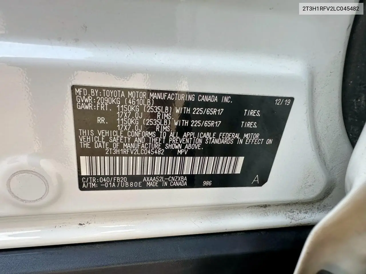 2T3H1RFV2LC045482 2020 Toyota Rav4 Le