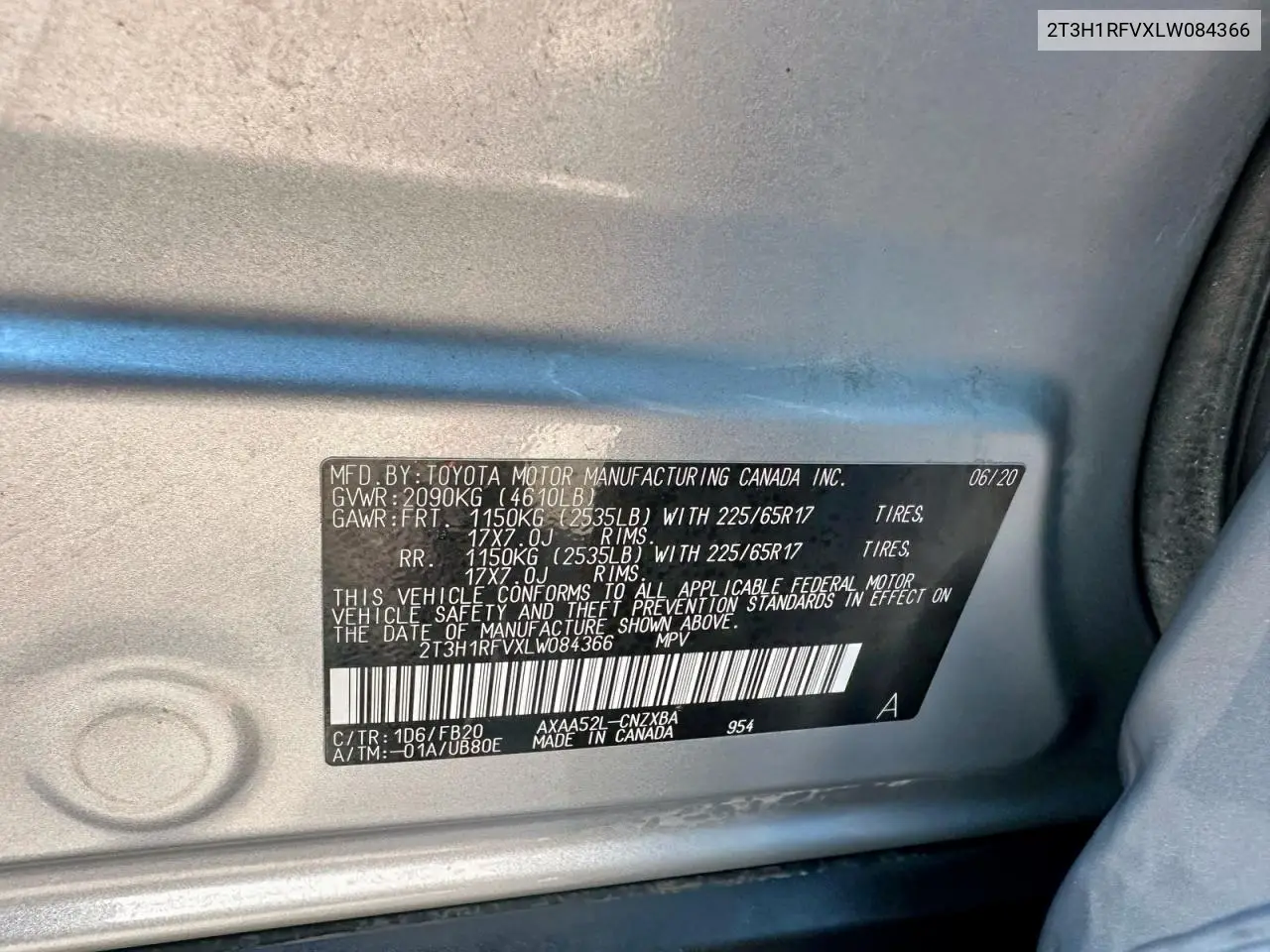 2T3H1RFVXLW084366 2020 Toyota Rav4 Le