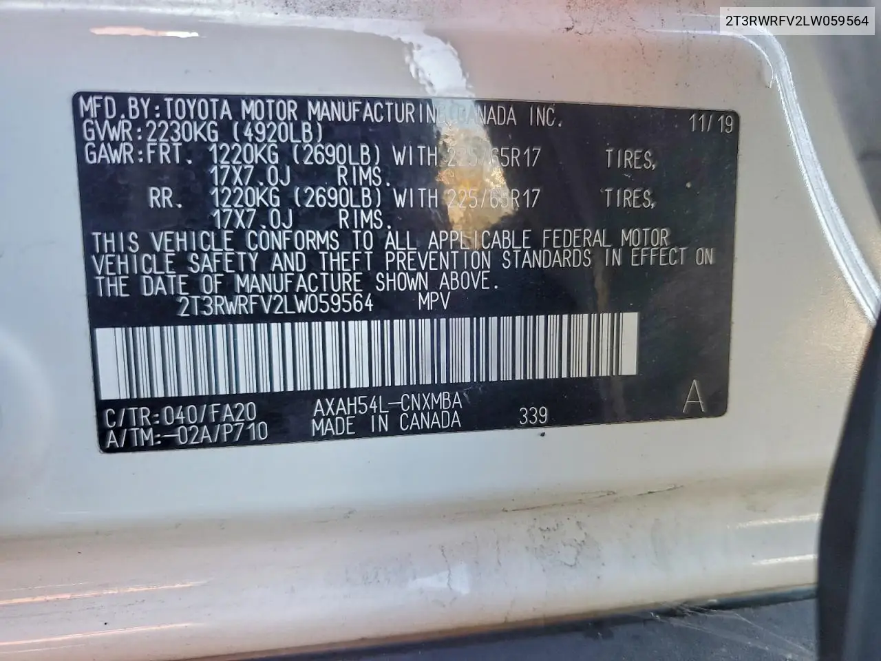2T3RWRFV2LW059564 2020 Toyota Rav4 Xle