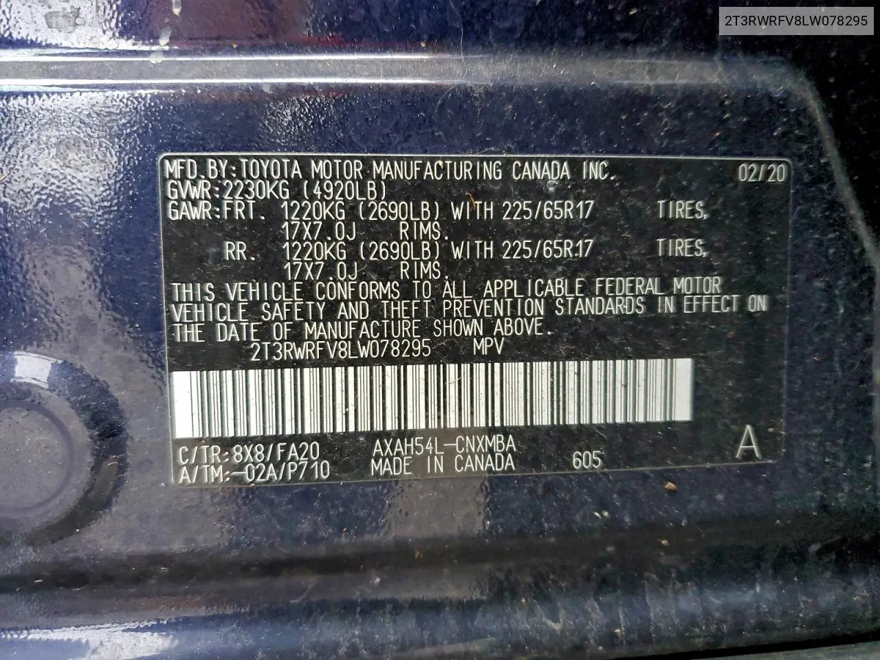 2T3RWRFV8LW078295 2020 Toyota Rav4 Xle