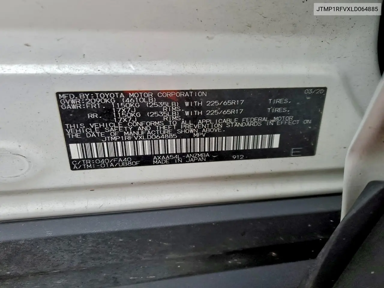 JTMP1RFVXLD064885 2020 Toyota Rav4 Xle