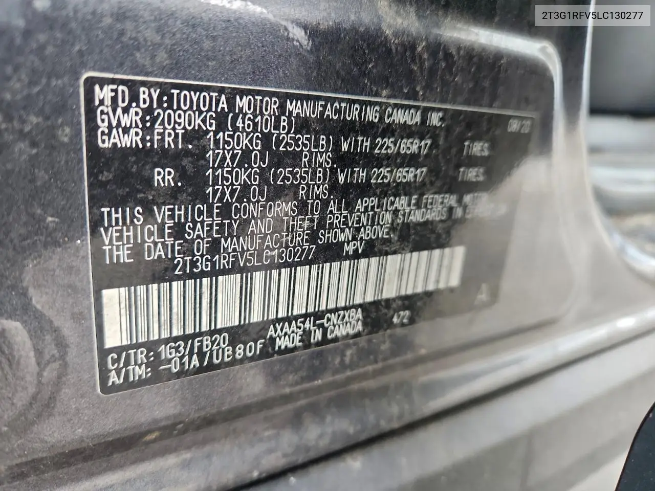 2T3G1RFV5LC130277 2020 Toyota Rav4 Le