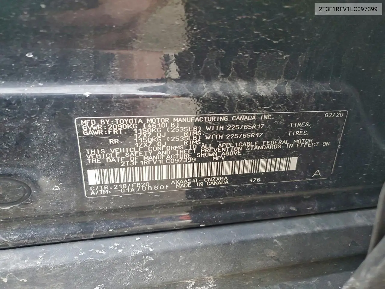 2T3F1RFV1LC097399 2020 Toyota Rav4 Le
