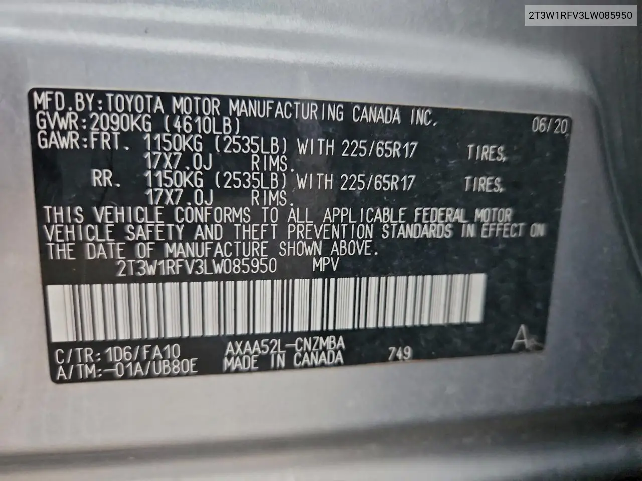 2T3W1RFV3LW085950 2020 Toyota Rav4 Xle