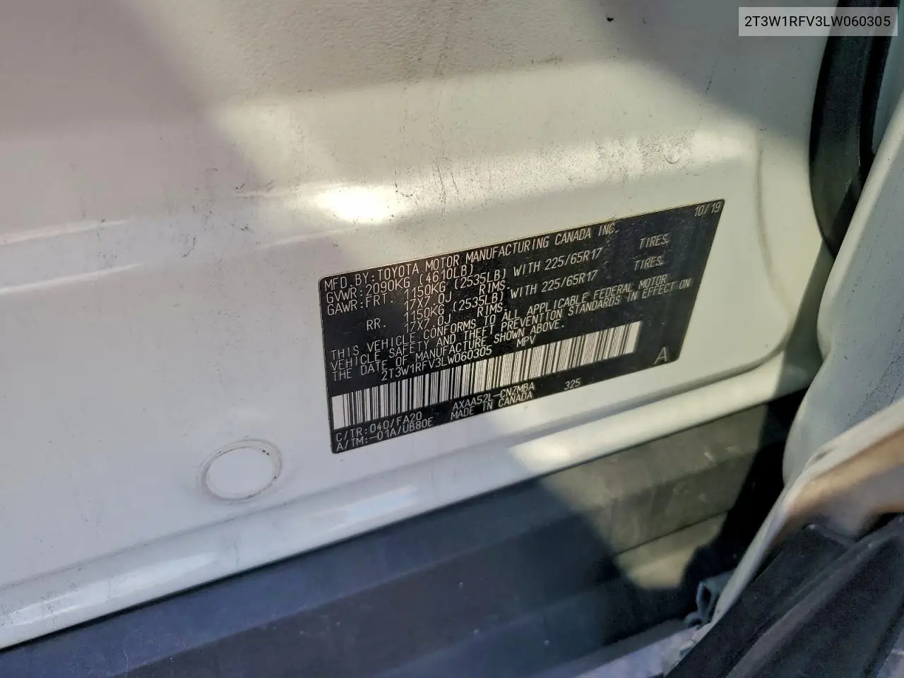 2T3W1RFV3LW060305 2020 Toyota Rav4 Xle