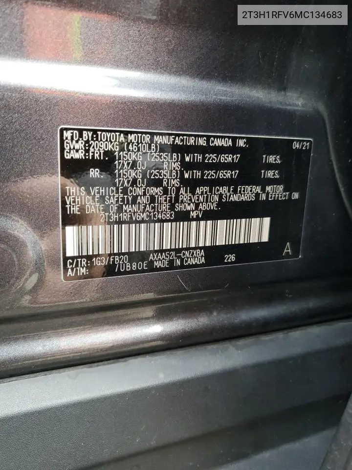 2T3H1RFV6MC134683 2021 Toyota Rav4 Le