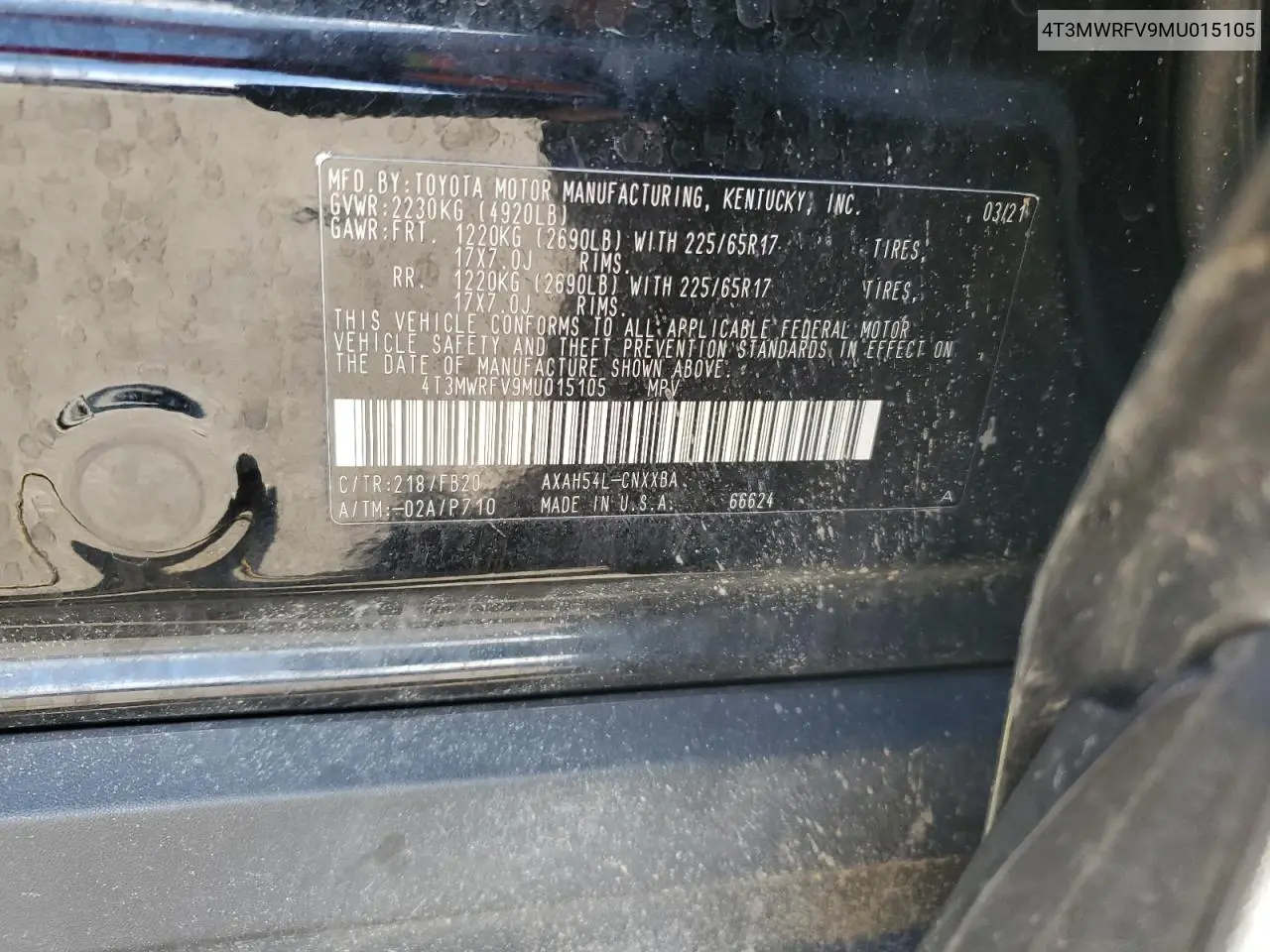 4T3MWRFV9MU015105 2021 Toyota Rav4 Le