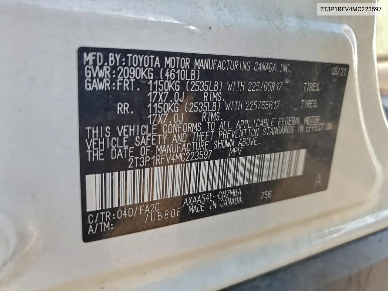 2T3P1RFV4MC223597 2021 Toyota Rav4 Xle
