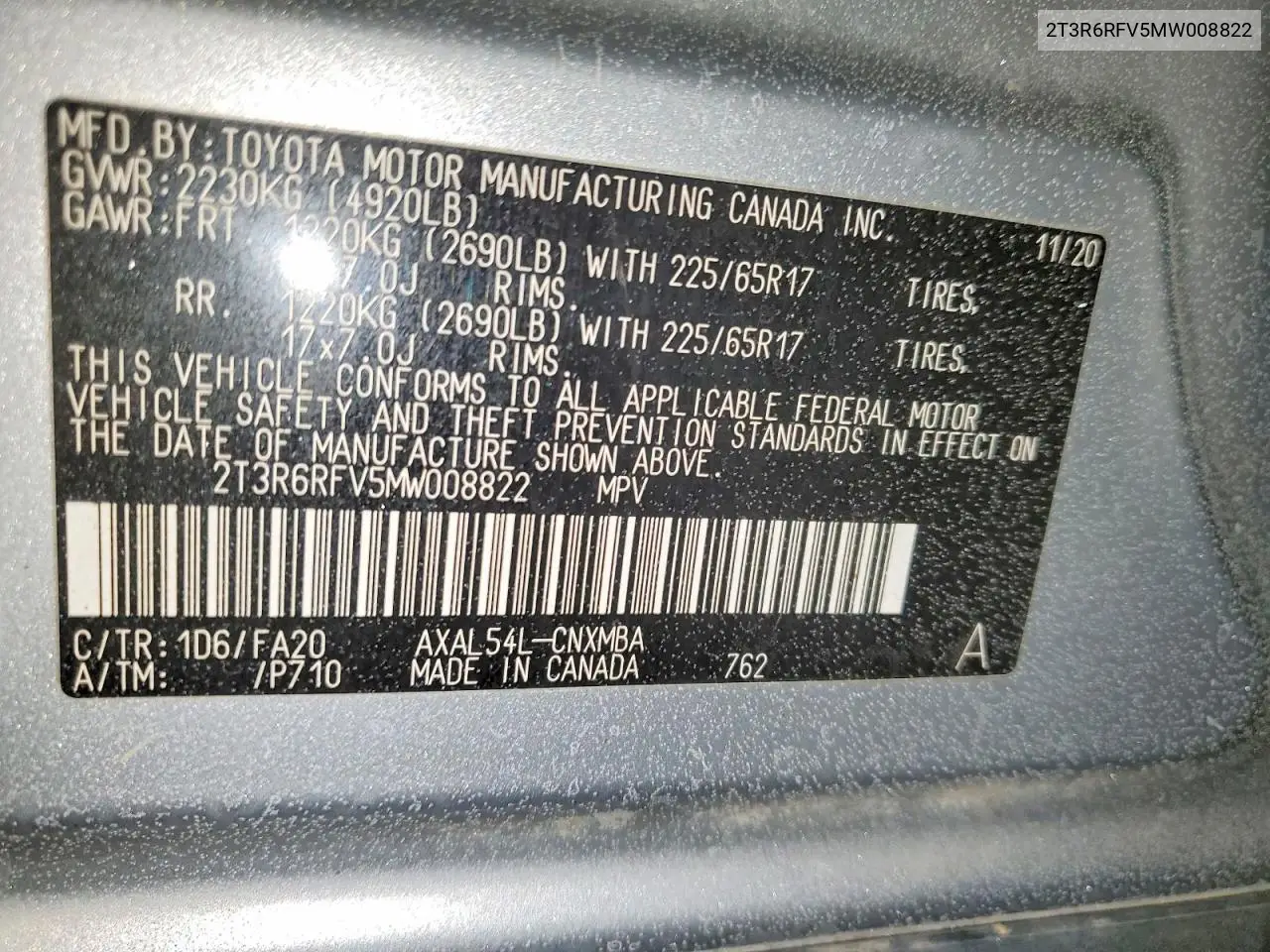 2T3R6RFV5MW008822 2021 Toyota Rav4 Xle