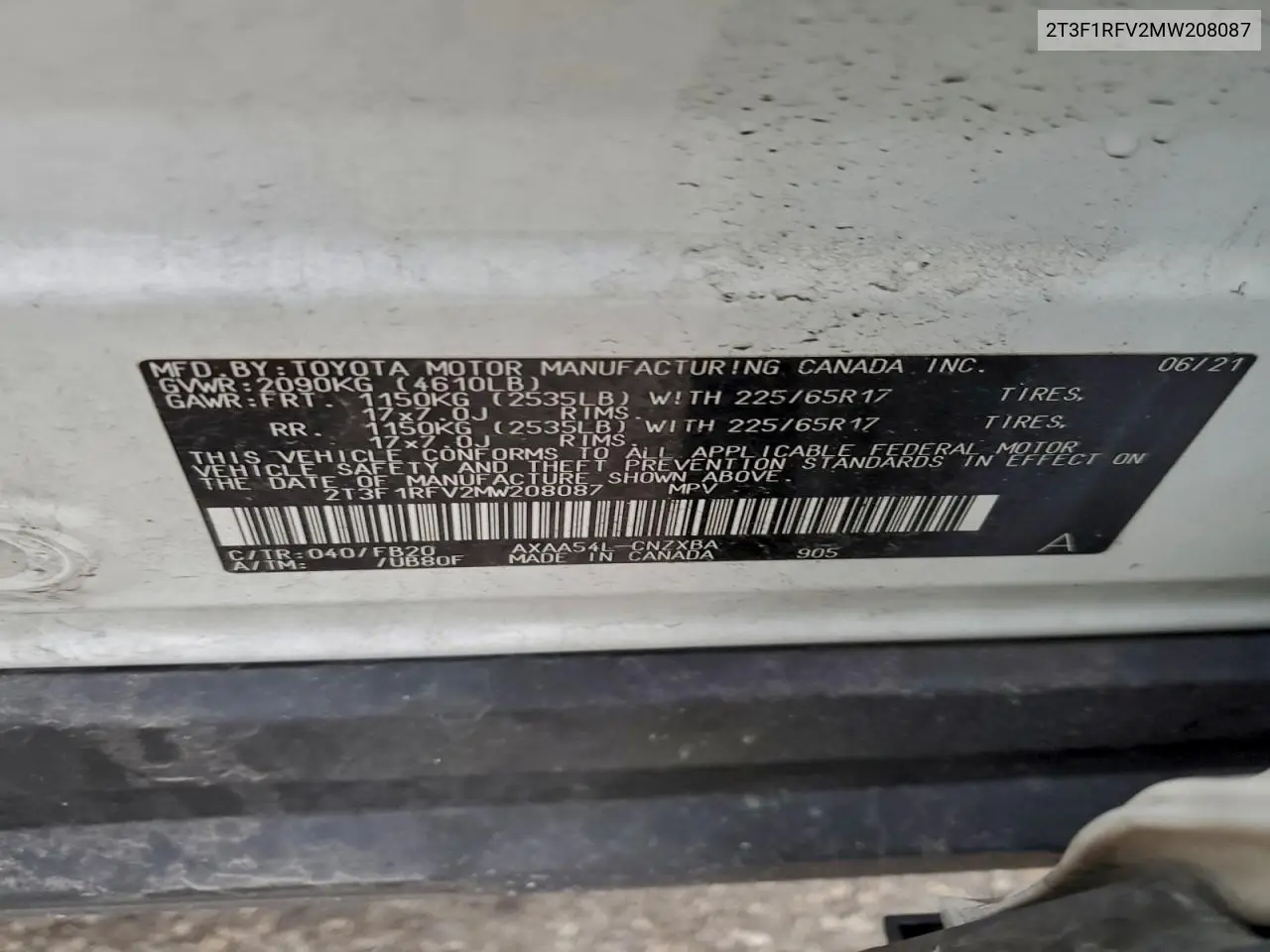 2T3F1RFV2MW208087 2021 Toyota Rav4 Le