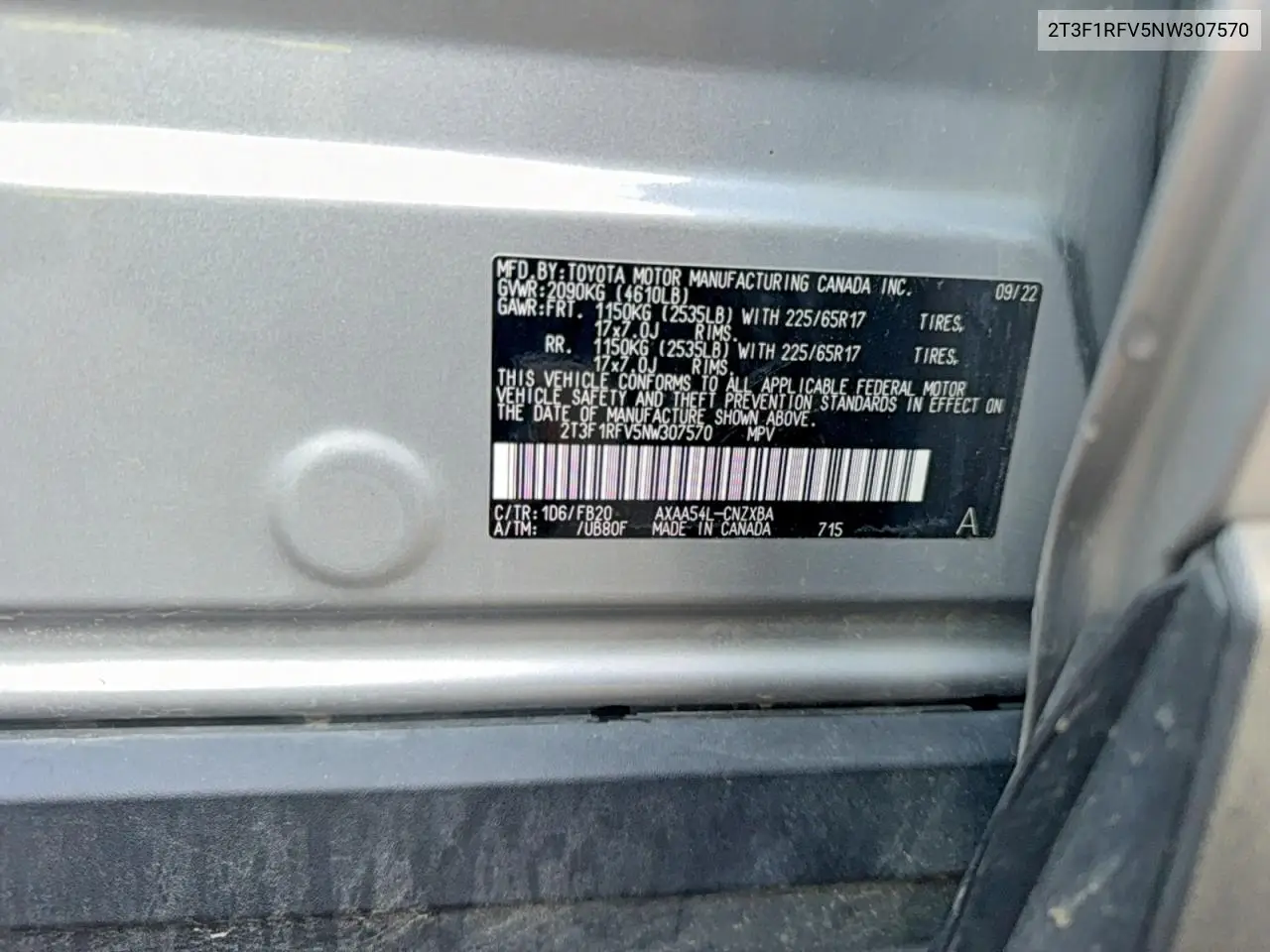2T3F1RFV5NW307570 2022 Toyota Rav4 Le