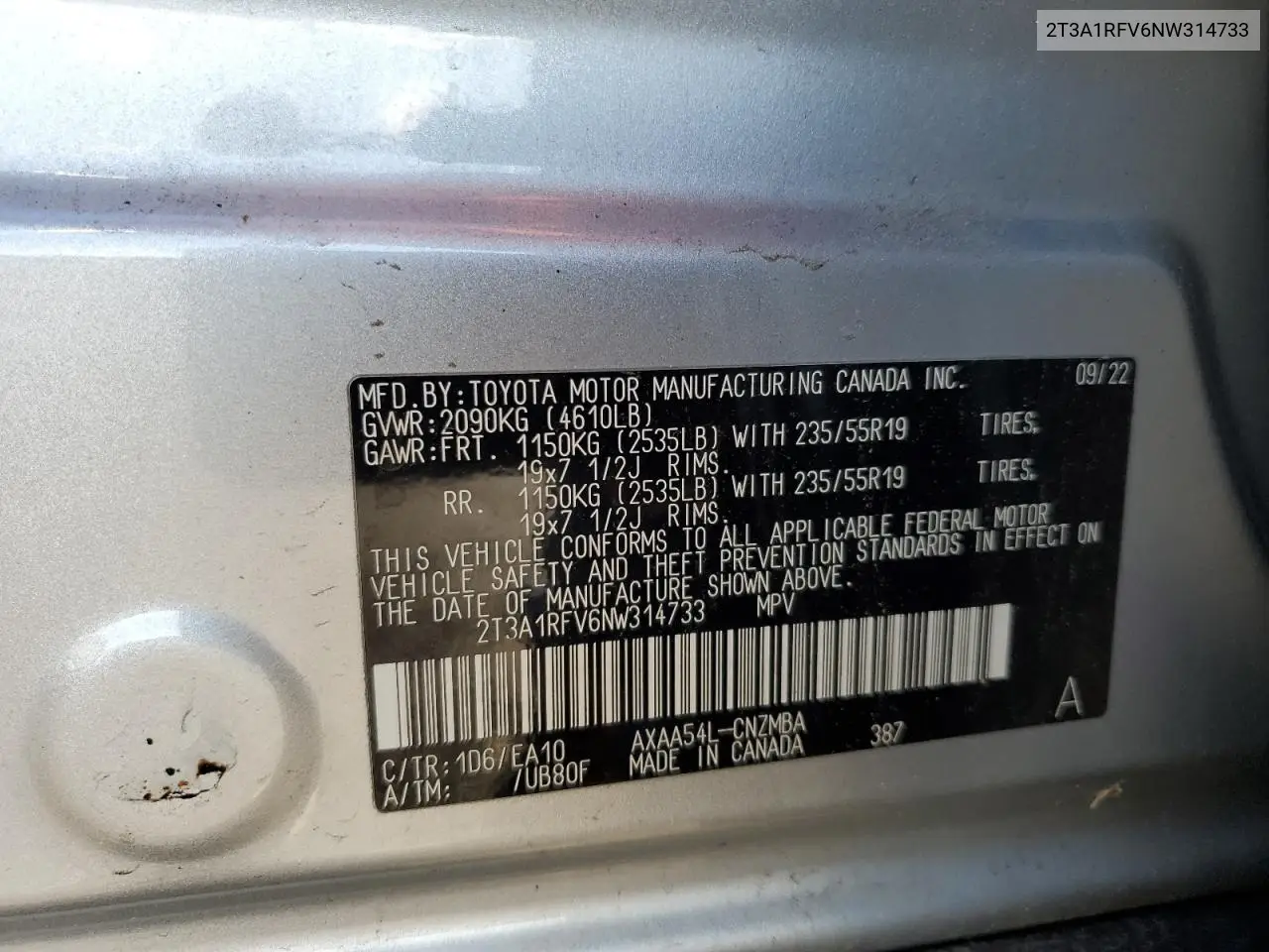 2T3A1RFV6NW314733 2022 Toyota Rav4 Xle Premium