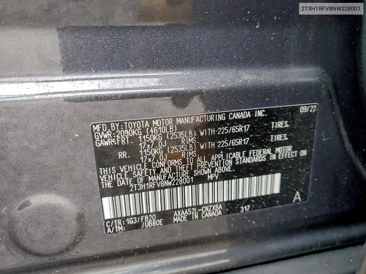 2T3H1RFV8NW228001 2022 Toyota Rav4 Le