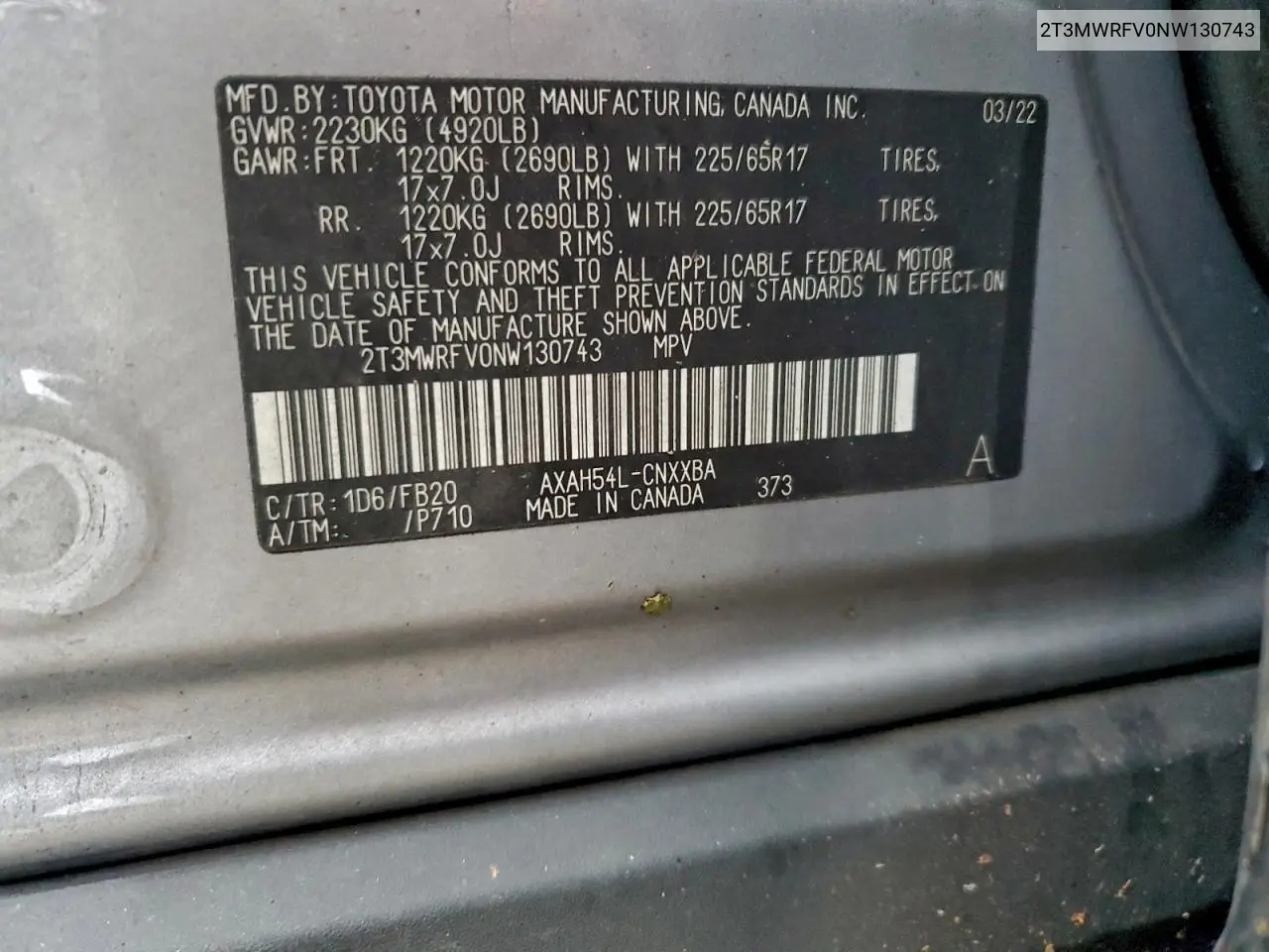 2T3MWRFV0NW130743 2022 Toyota Rav4 Le