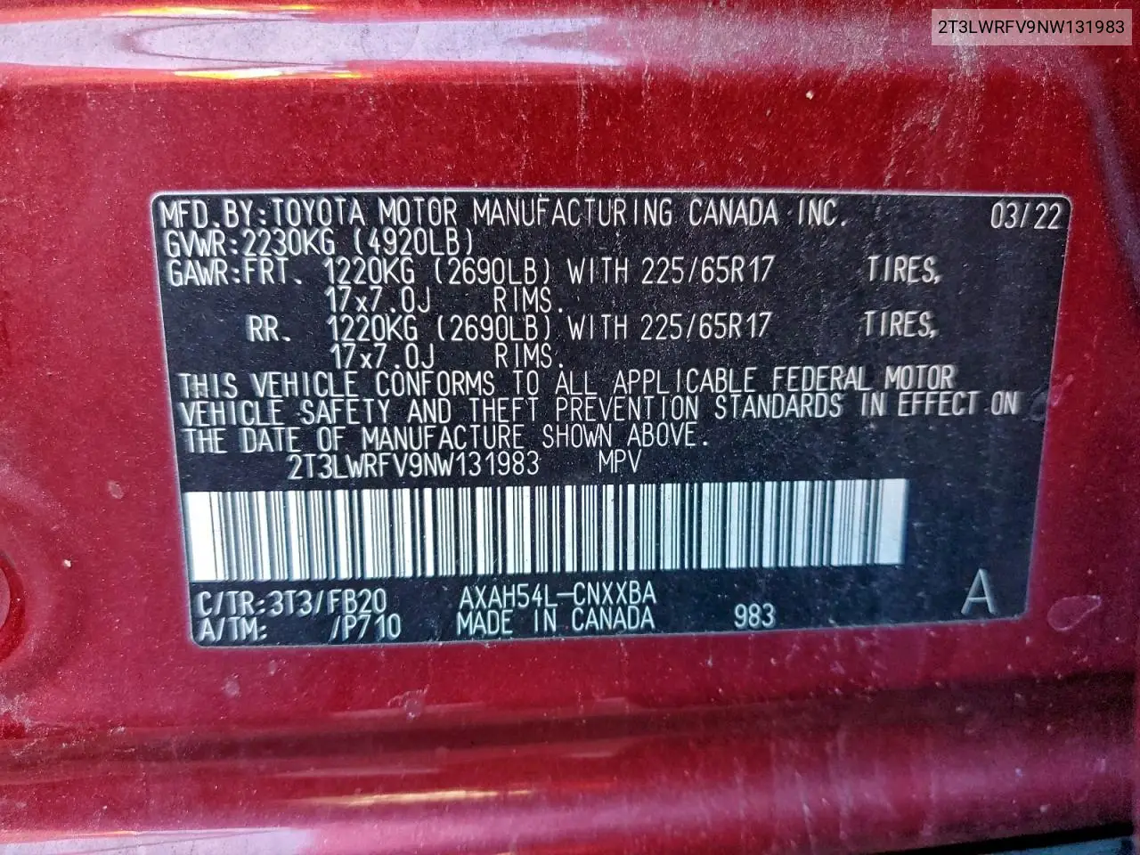 2T3LWRFV9NW131983 2022 Toyota Rav4 Le