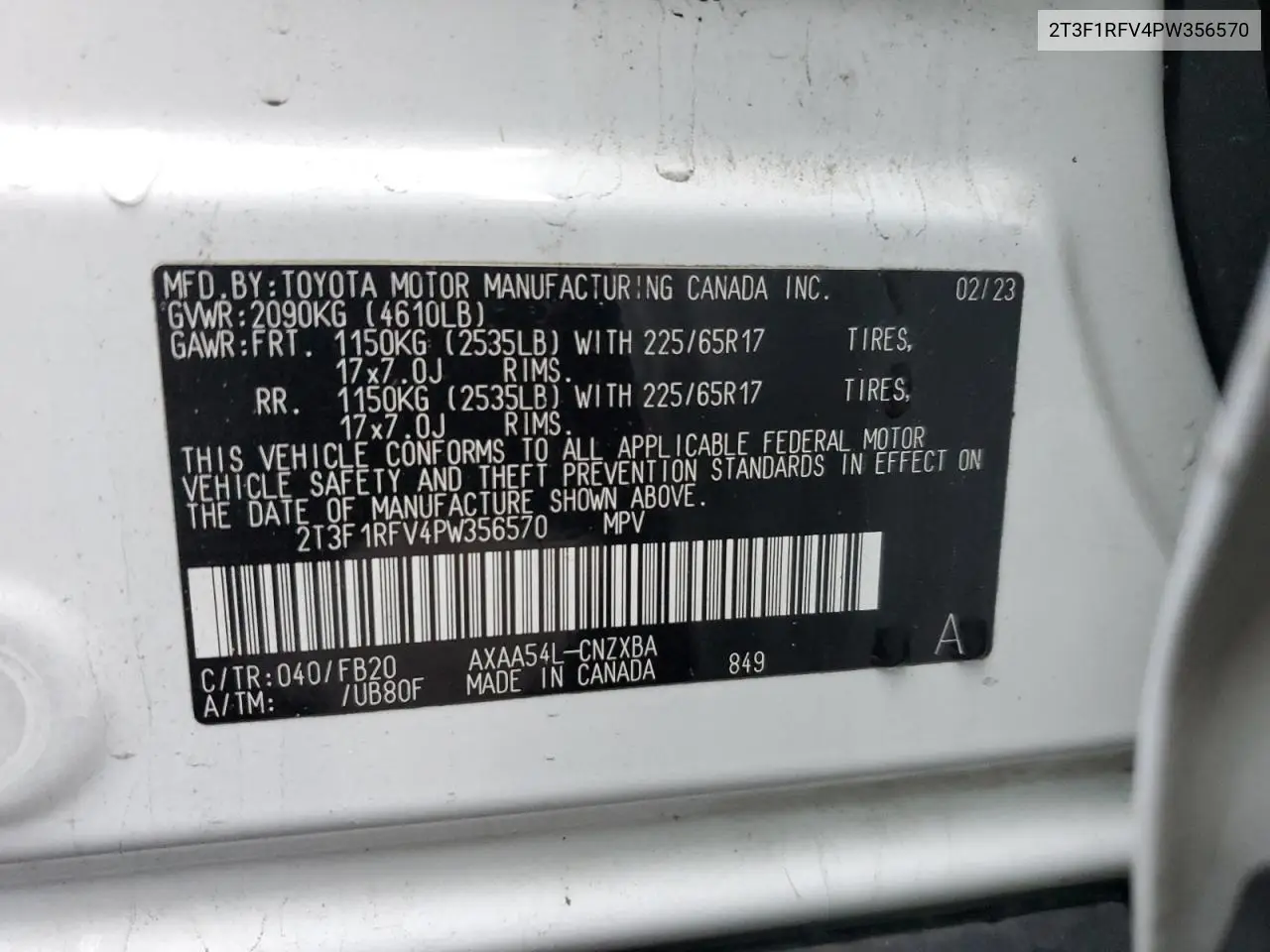 2T3F1RFV4PW356570 2023 Toyota Rav4 Le