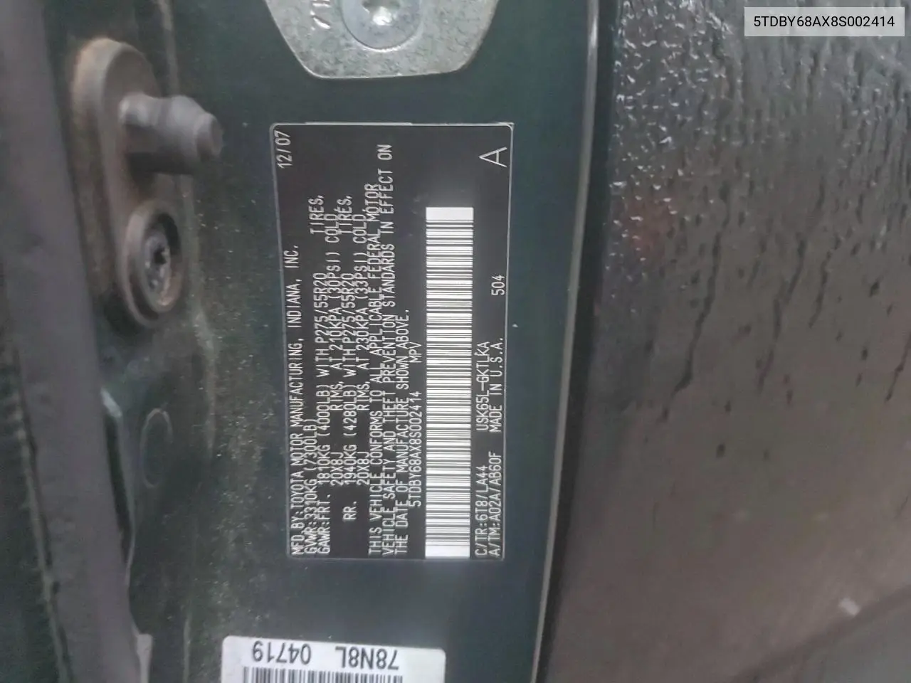 5TDBY68AX8S002414 2008 Toyota Sequoia Limited