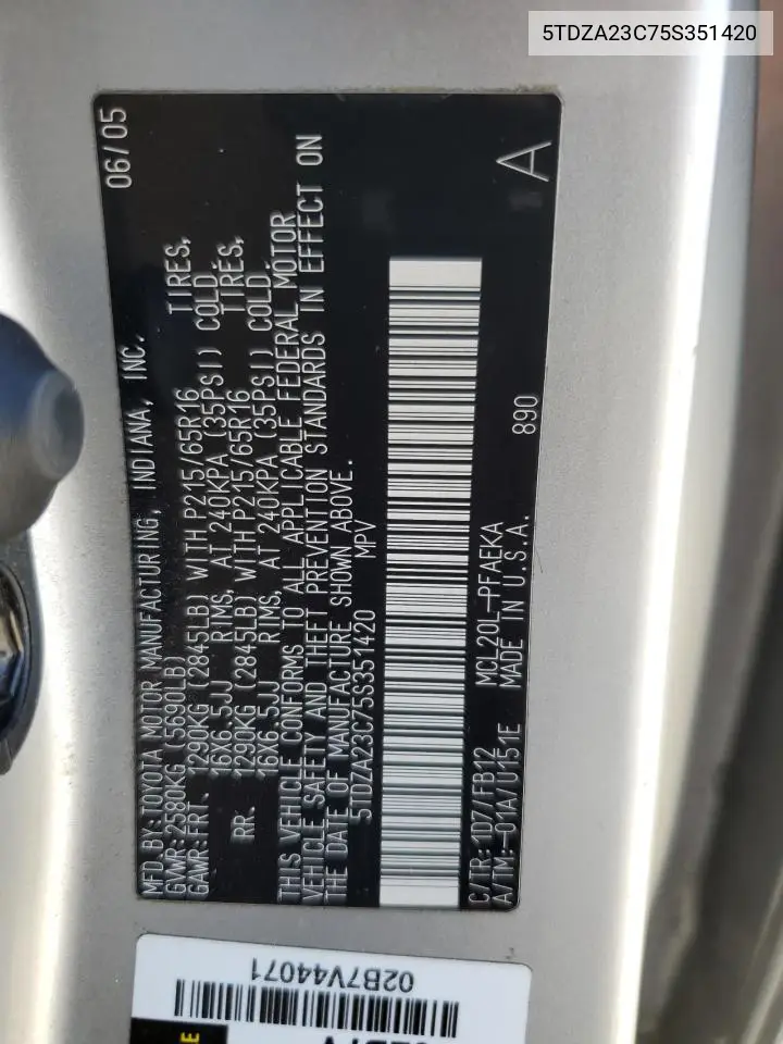 5TDZA23C75S351420 2005 Toyota Sienna Ce