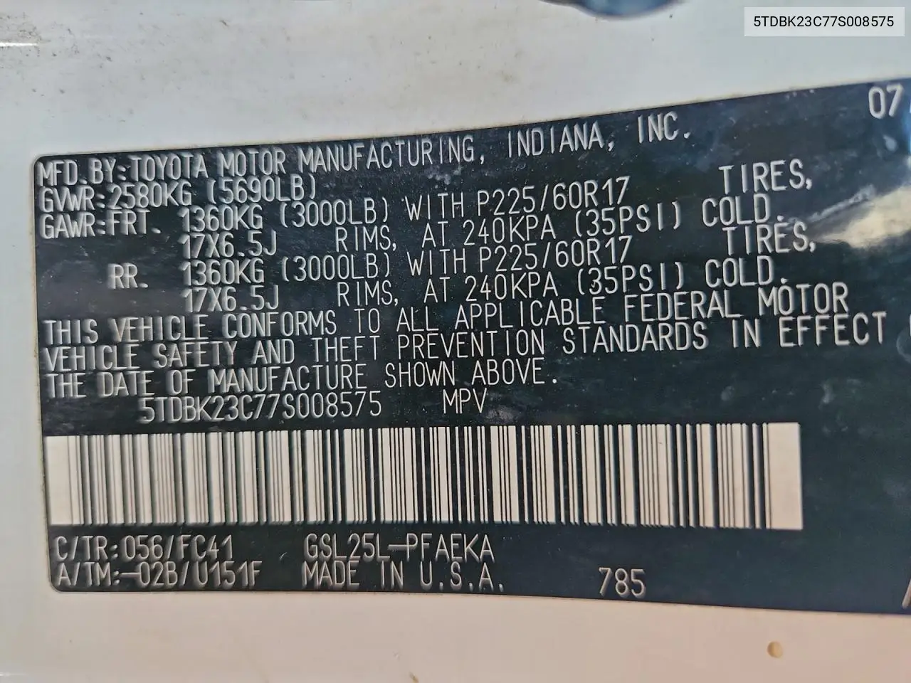 5TDBK23C77S008575 2007 Toyota Sienna Le