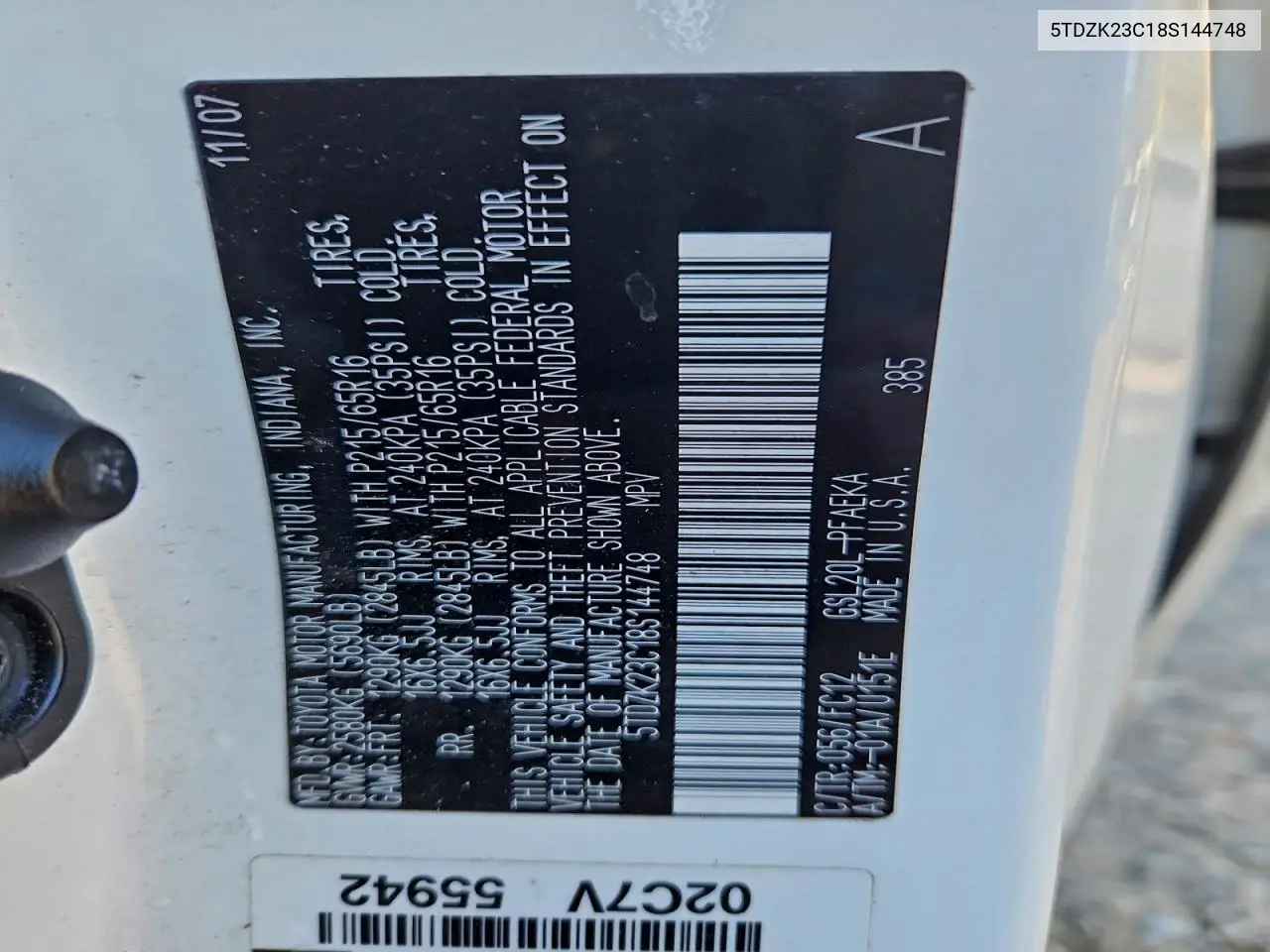5TDZK23C18S144748 2008 Toyota Sienna Ce