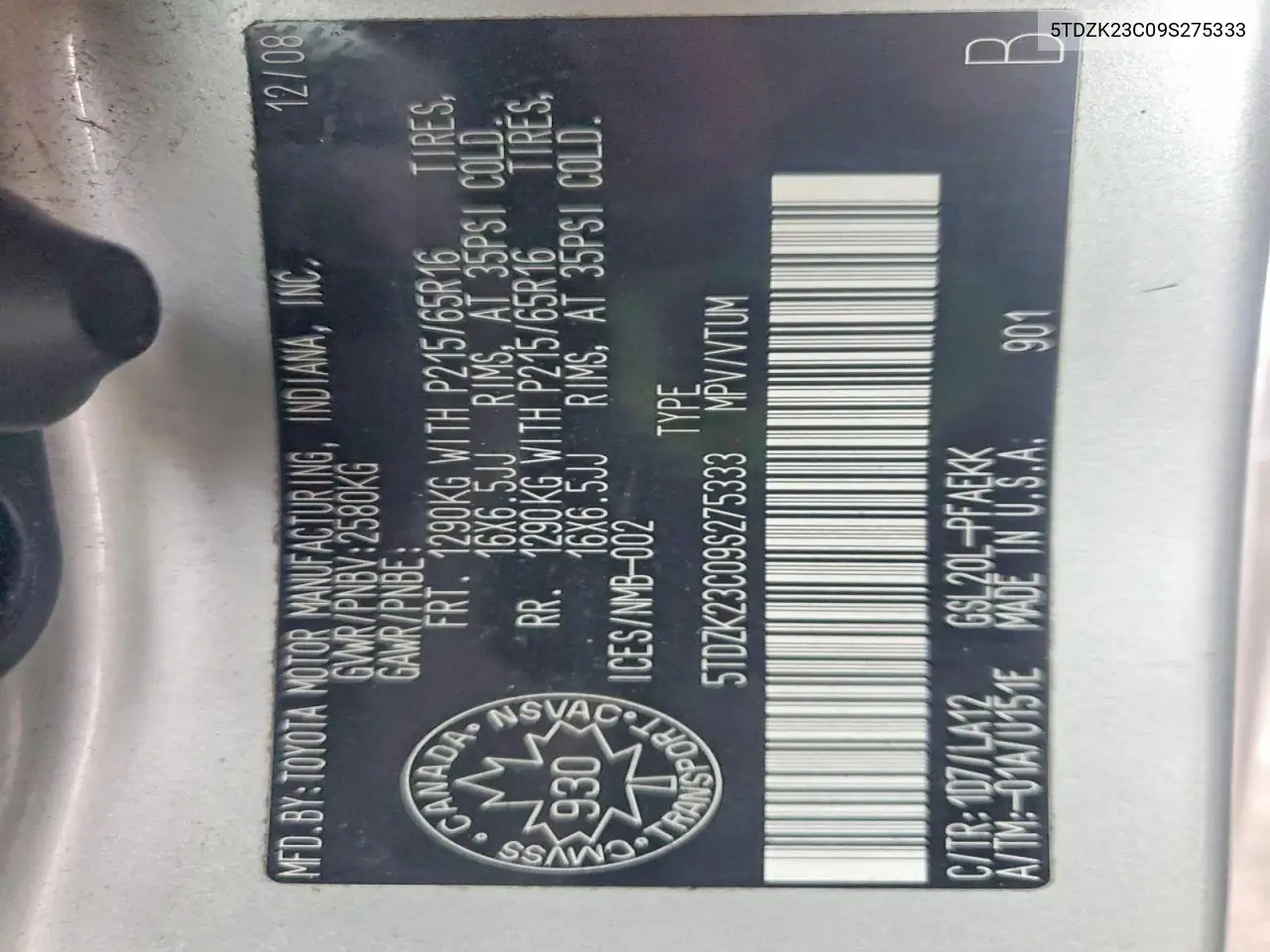 5TDZK23C09S275333 2009 Toyota Sienna Ce