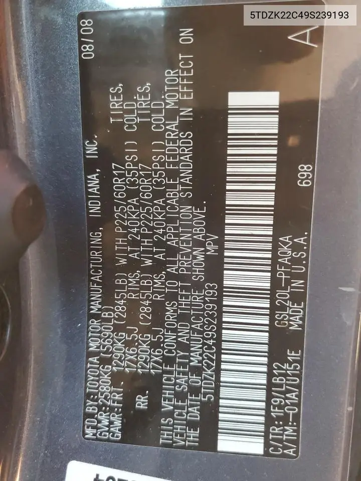 5TDZK22C49S239193 2009 Toyota Sienna Xle