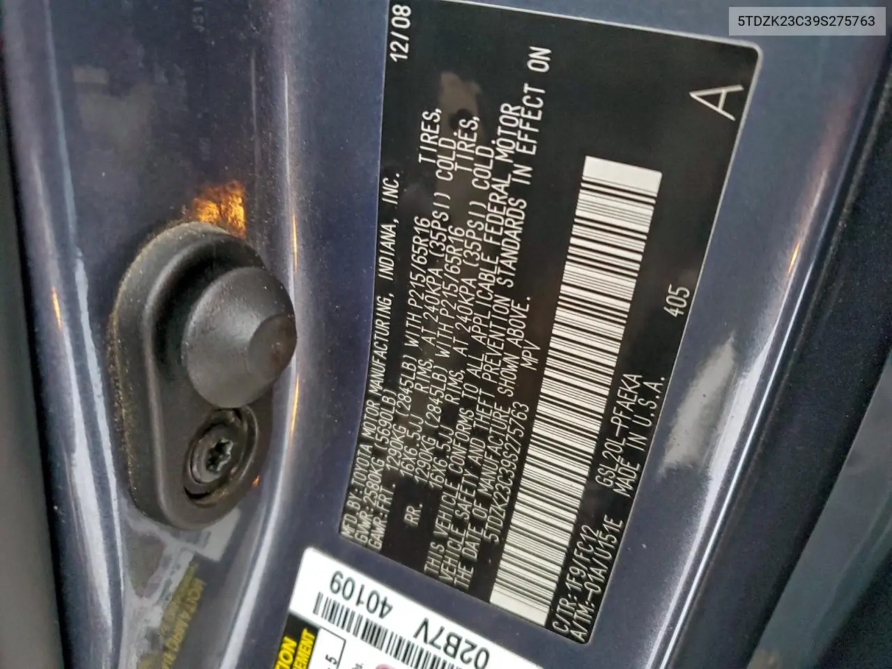 5TDZK23C39S275763 2009 Toyota Sienna Ce