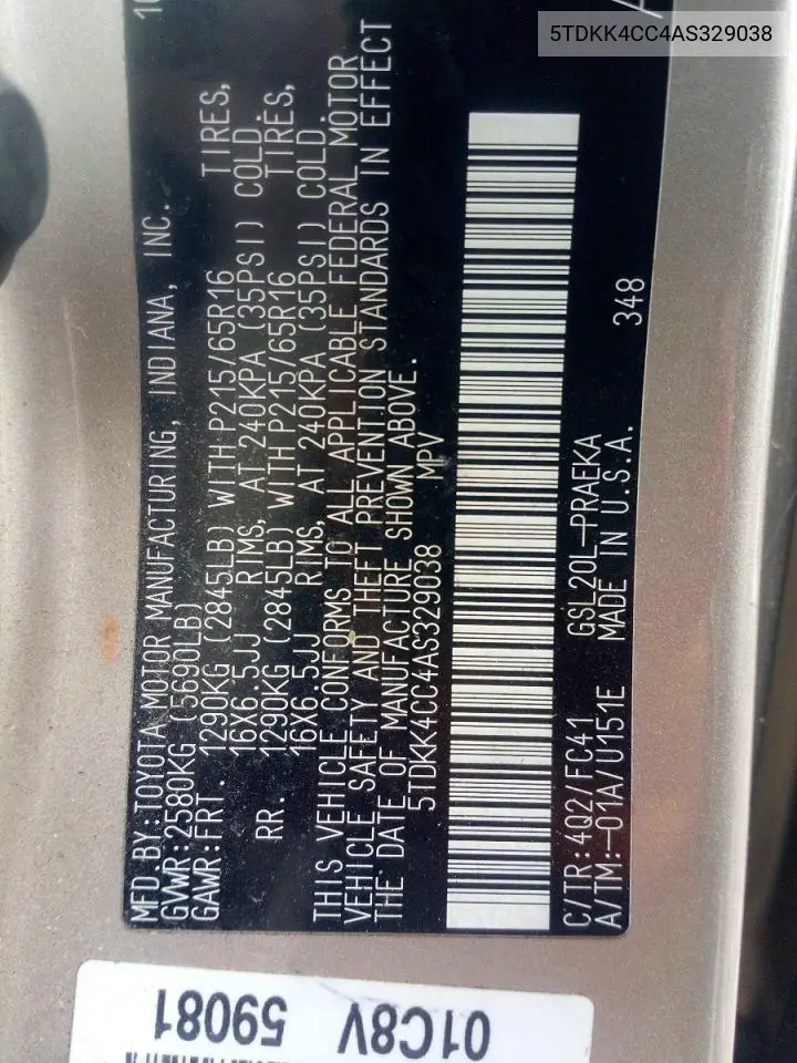 5TDKK4CC4AS329038 2010 Toyota Sienna Le 8-Passenger