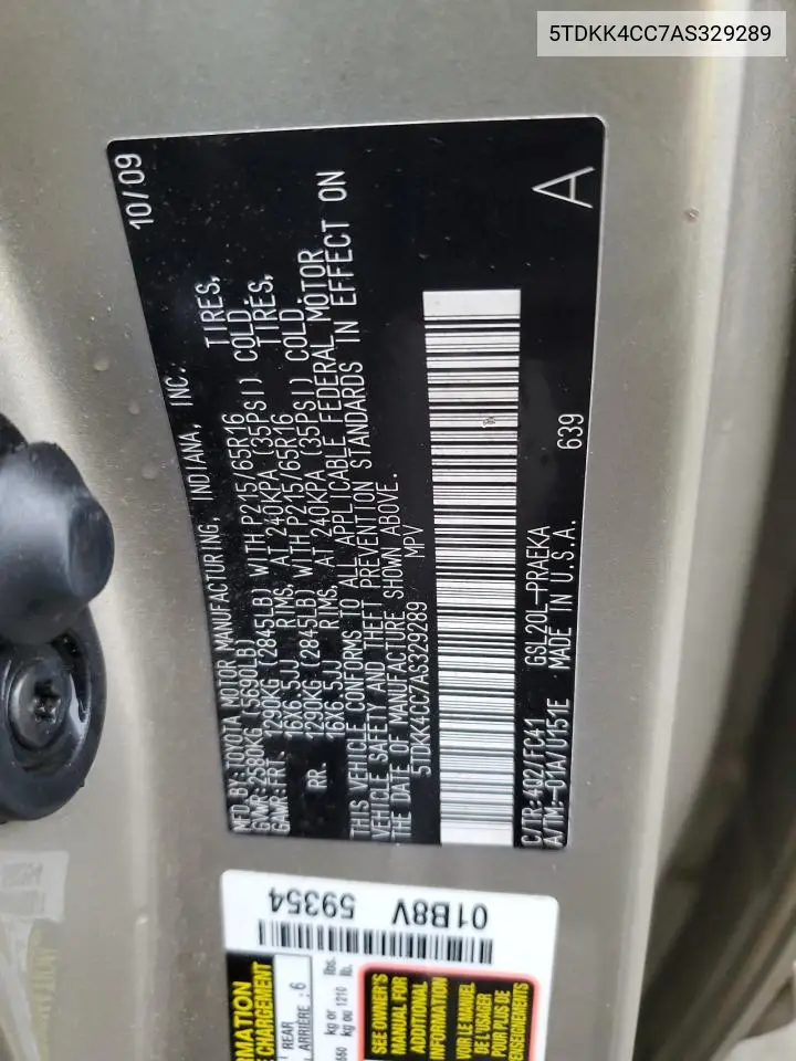 5TDKK4CC7AS329289 2010 Toyota Sienna Ce