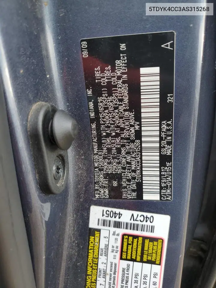 5TDYK4CC3AS315268 2010 Toyota Sienna Xle