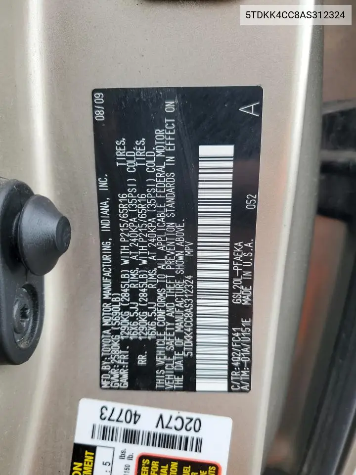 5TDKK4CC8AS312324 2010 Toyota Sienna Ce