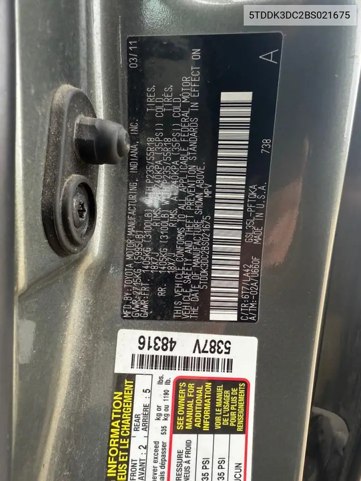 5TDDK3DC2BS021675 2011 Toyota Sienna Xle