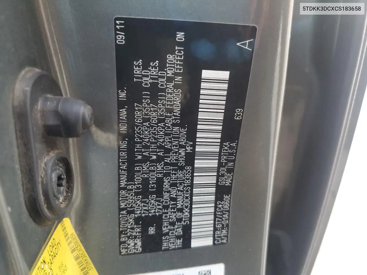 5TDKK3DCXCS183658 2012 Toyota Sienna Le
