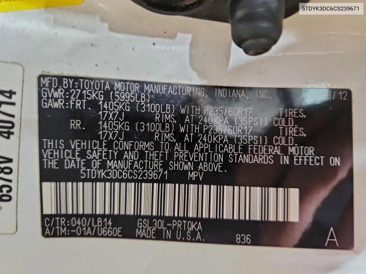 5TDYK3DC6CS239671 2012 Toyota Sienna Xle