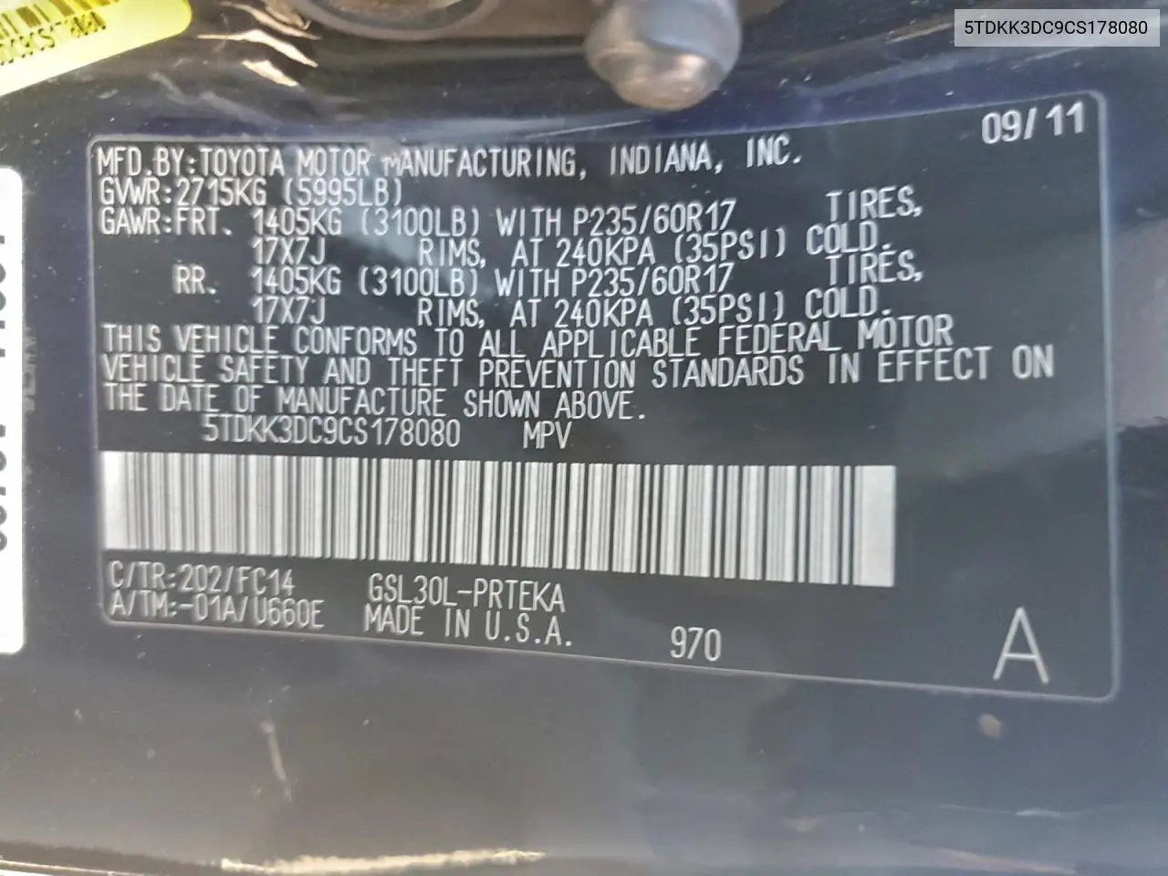 5TDKK3DC9CS178080 2012 Toyota Sienna Le