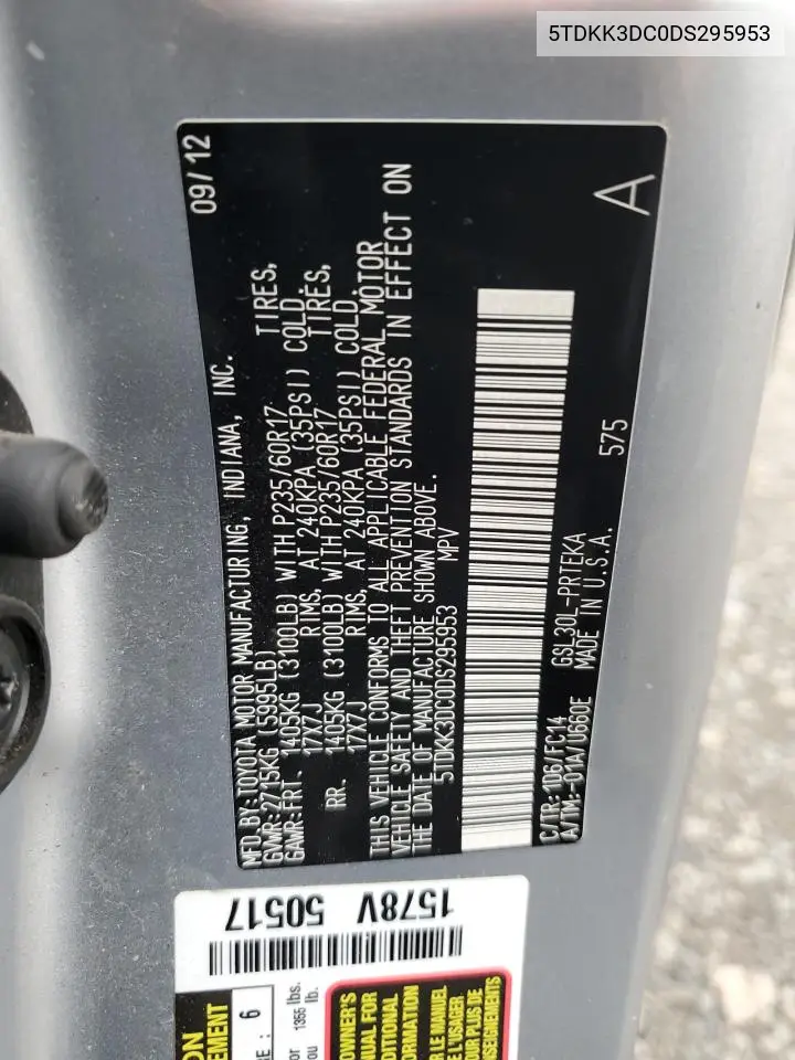 5TDKK3DC0DS295953 2013 Toyota Sienna Le