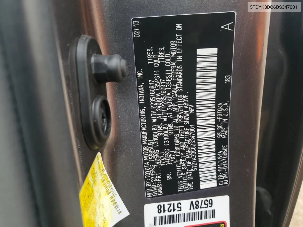 5TDYK3DC6DS347001 2013 Toyota Sienna Xle