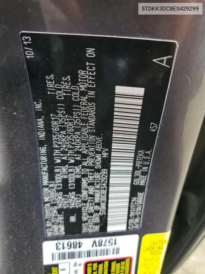 5TDKK3DC8ES429299 2014 Toyota Sienna Le