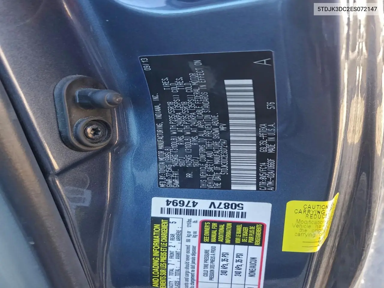 5TDJK3DC2ES072147 2014 Toyota Sienna Le
