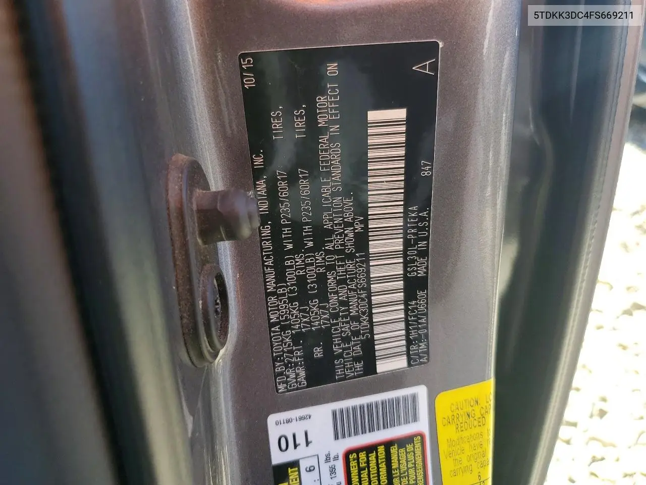 5TDKK3DC4FS669211 2015 Toyota Sienna Le