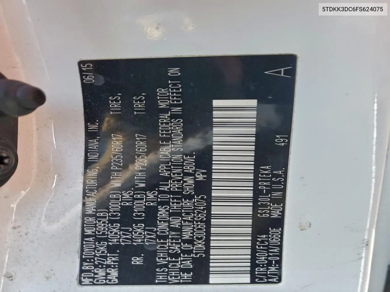 5TDKK3DC6FS624075 2015 Toyota Sienna Le