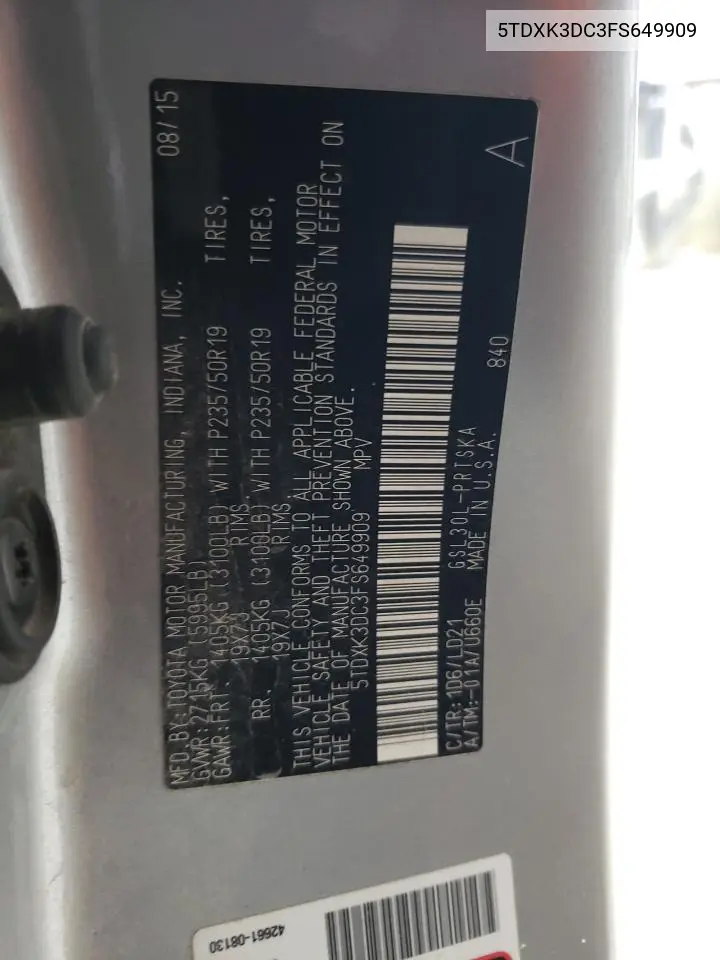 5TDXK3DC3FS649909 2015 Toyota Sienna Sport