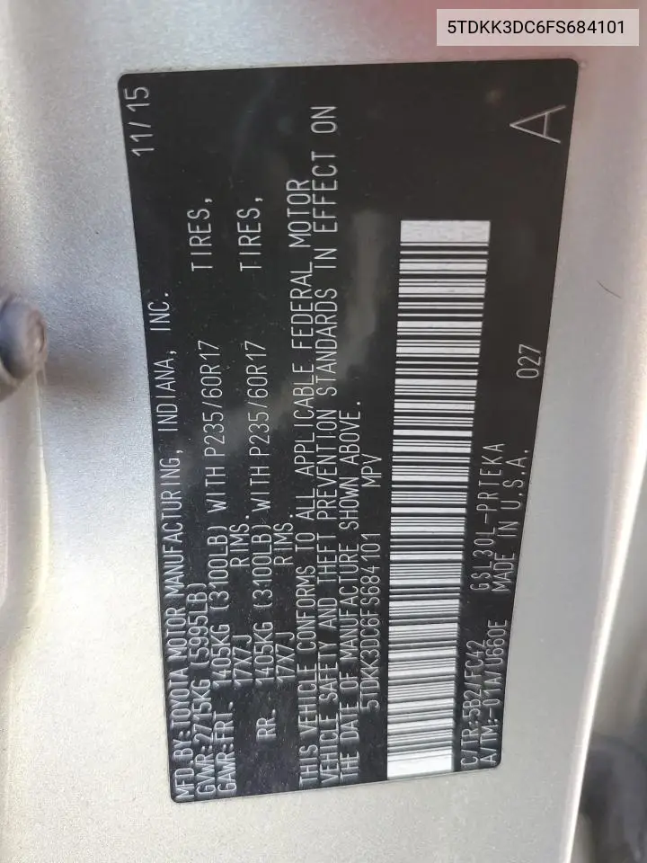 5TDKK3DC6FS684101 2015 Toyota Sienna Le