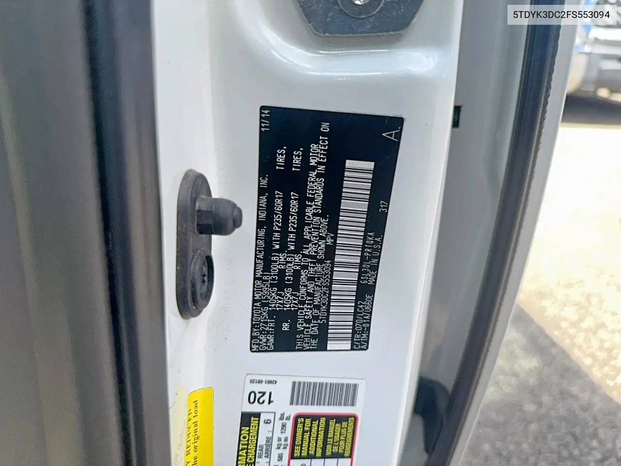 5TDYK3DC2FS553094 2015 Toyota Sienna Xle